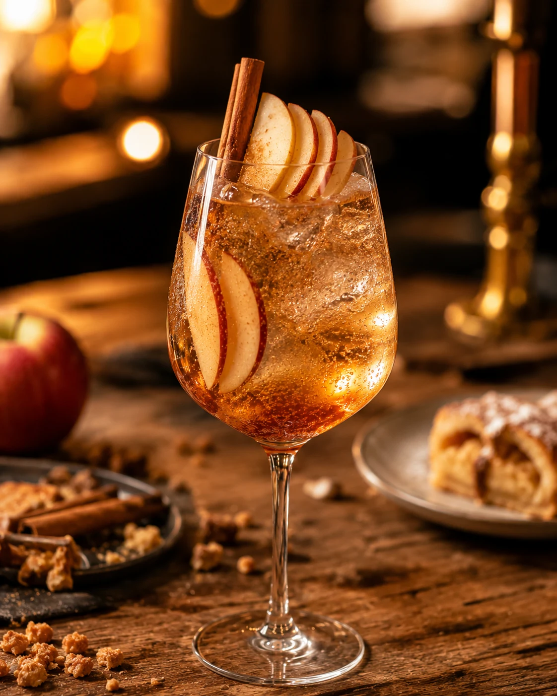 Goldener Apfelstrudel Spritz mit Apfelscheiben und Zimt an der Bar